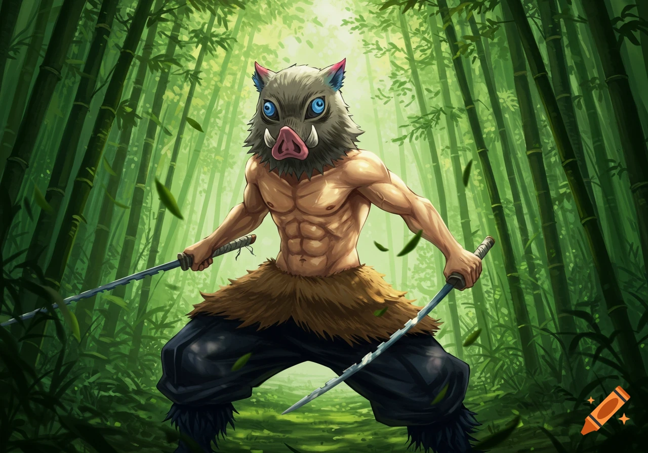 Muscular warrior in a boar mask holding two swords, standing in a vibrant green bamboo forest in an anime style.