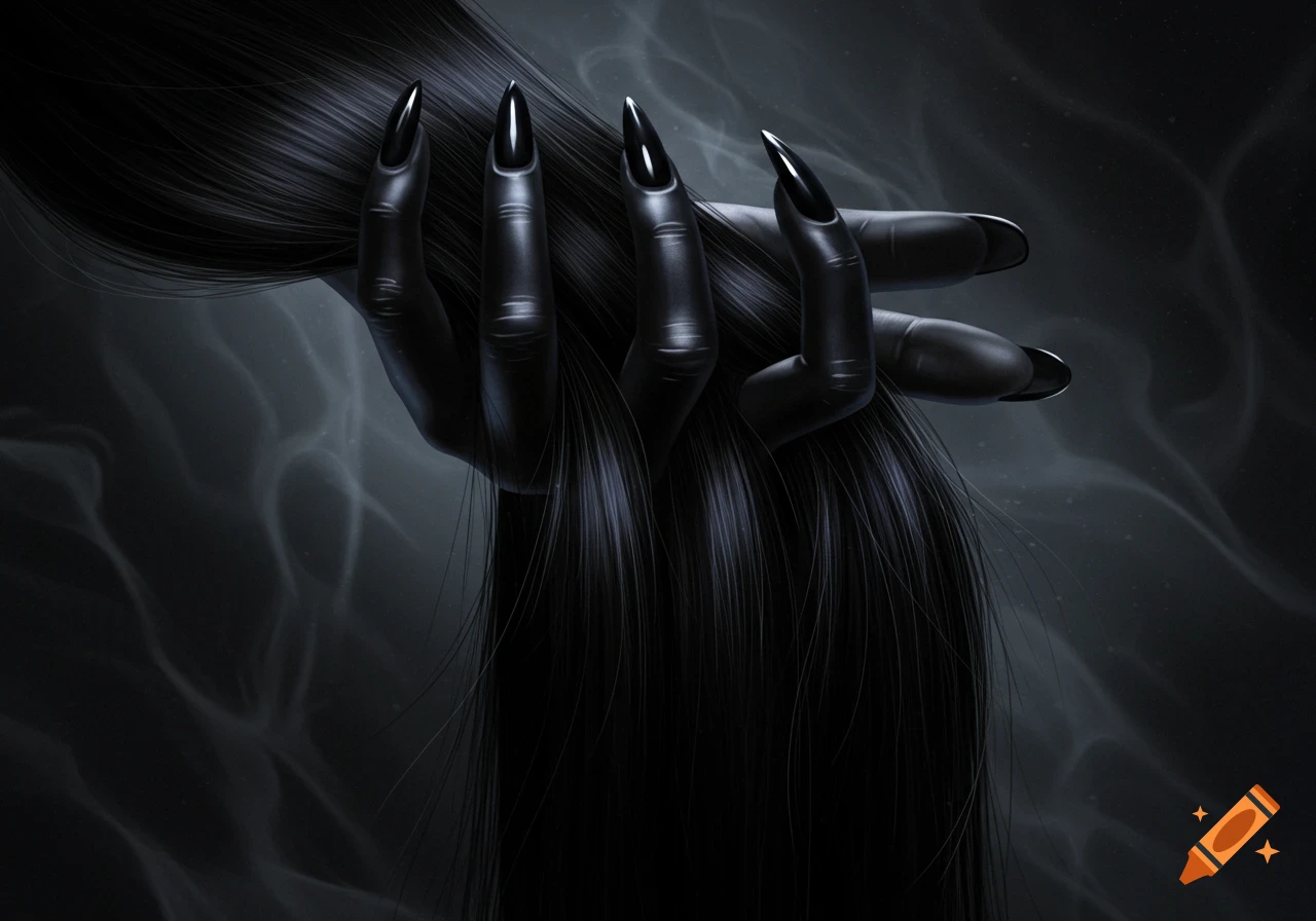 A stylized black hand with sharp black nails holds bundles of dark hair against a smoky background.