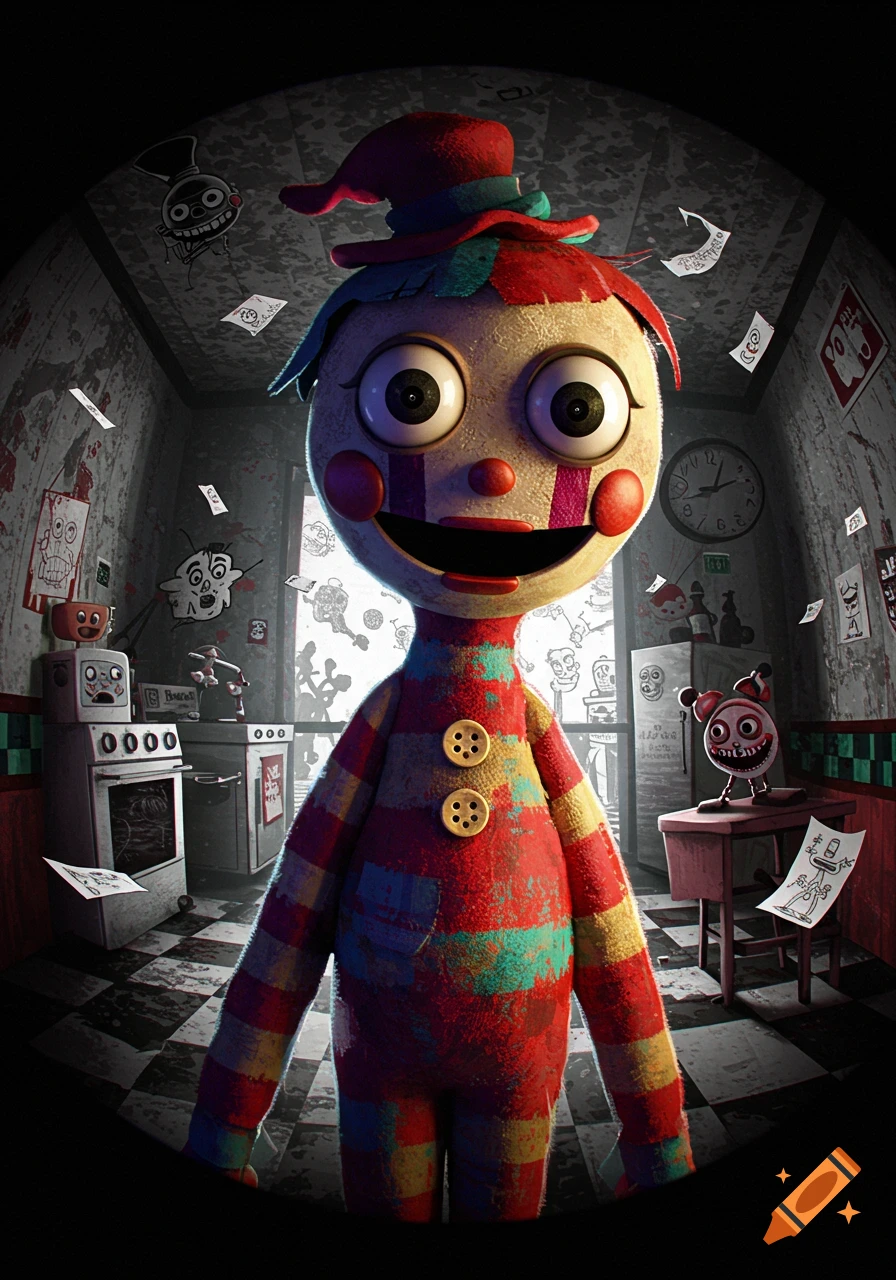 A creepy, colorful doll-like figure with large eyes and a wide smile stands in a dark, disheveled room filled with unsettling drawings and objects.