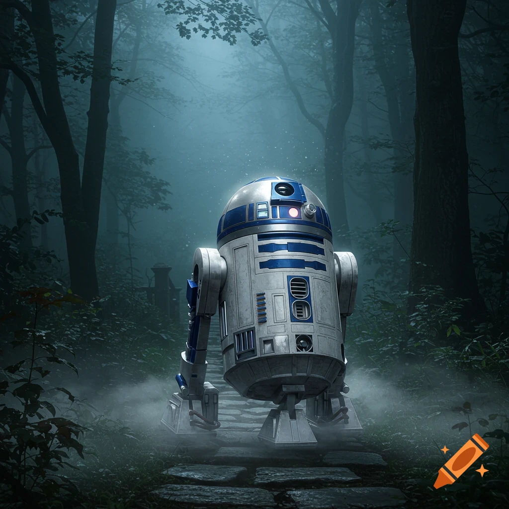 R2D2 walking on a stone path through a misty, dark forest.