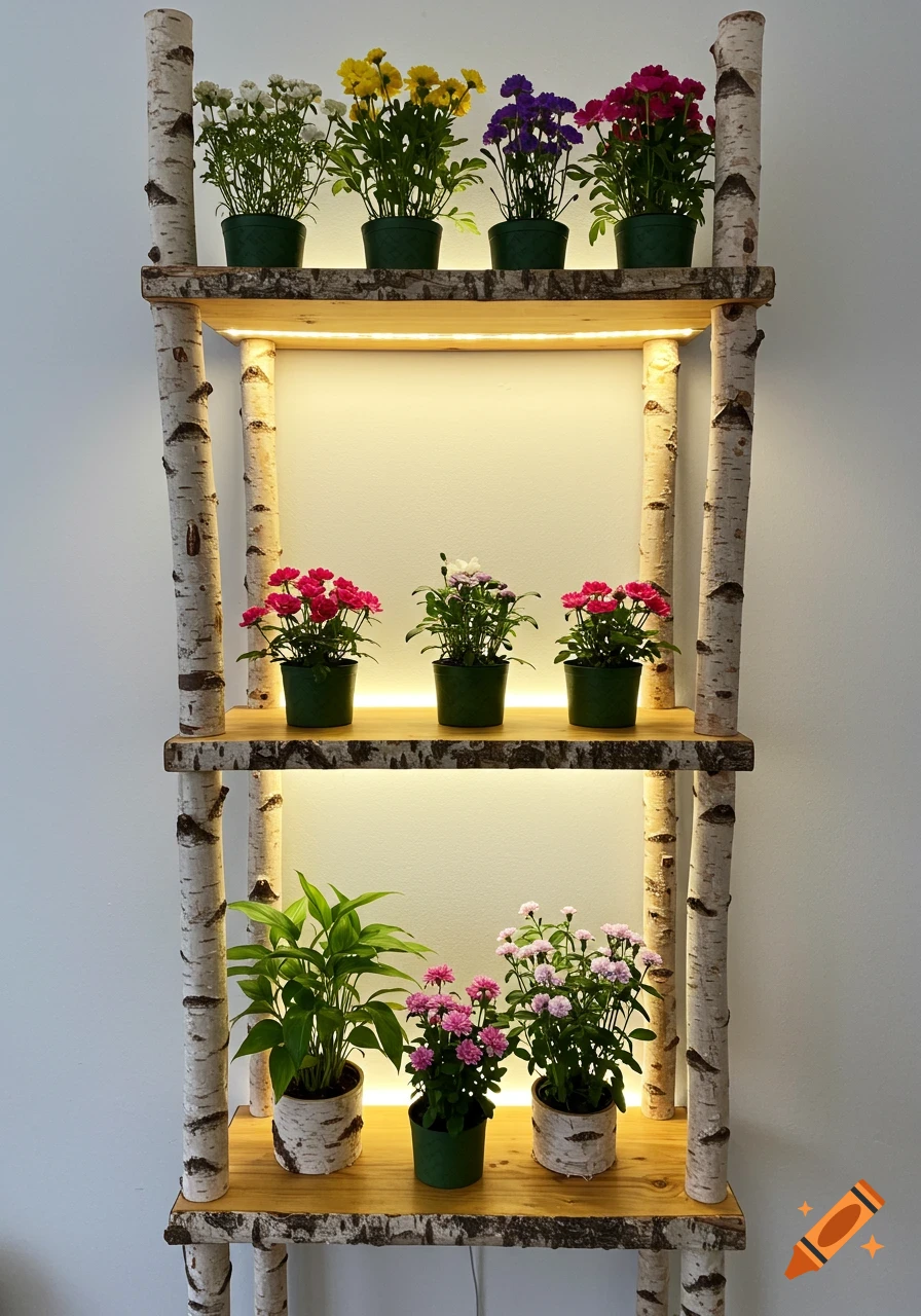 A three-tiered shelf made of birch logs with wooden shelves, displaying various potted plants and colorful flowers, illuminated by warm lights against a white wall.