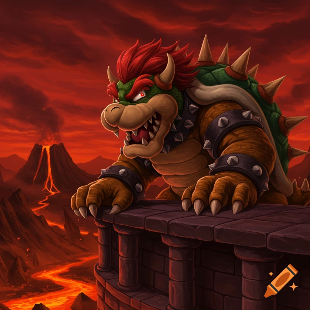 Bowser, the large horned turtle villain, stands on a stone wall overlooking a fiery volcanic landscape under a red sky, digital art.
