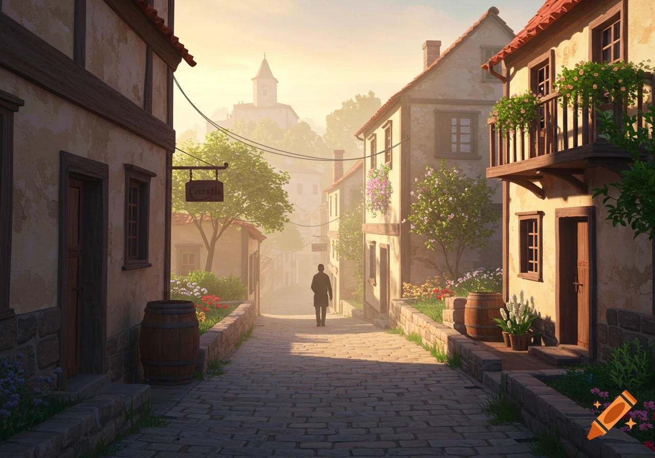 A person walks down a cobblestone street lined with old buildings and flowering plants at sunset.