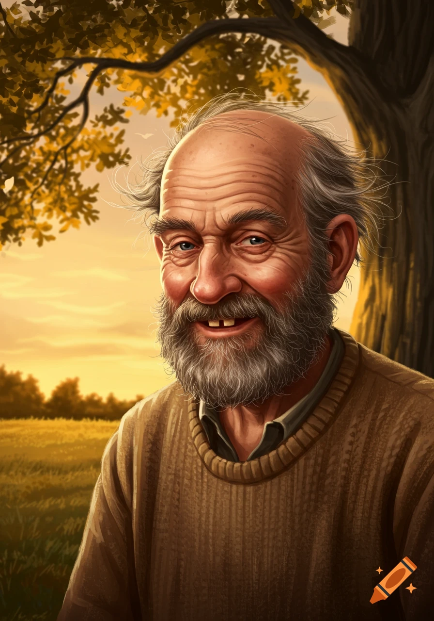 A smiling old man with a grey beard, mustache, and a missing front tooth, stands in a sunlit field under a tree with golden leaves.