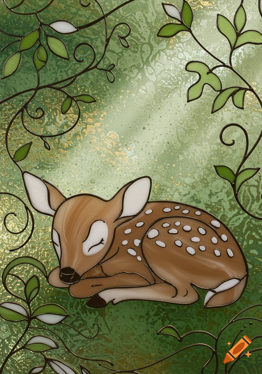 A sleeping fawn in a stained glass art style, surrounded by green foliage on a textured green and gold background.