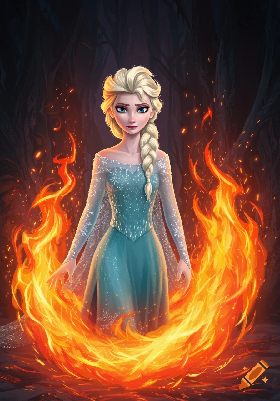 Elsa from Frozen stands in a ring of fire, illustrated in a dramatic cartoon style.