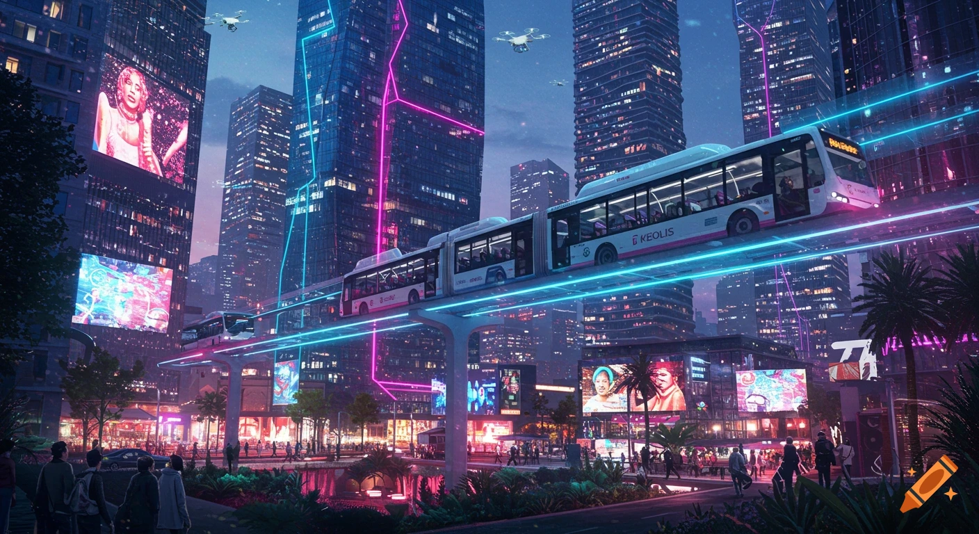 A vibrant futuristic city at night with illuminated skyscrapers, elevated KEOLIS buses on glowing tracks, drones, and bustling streets below.