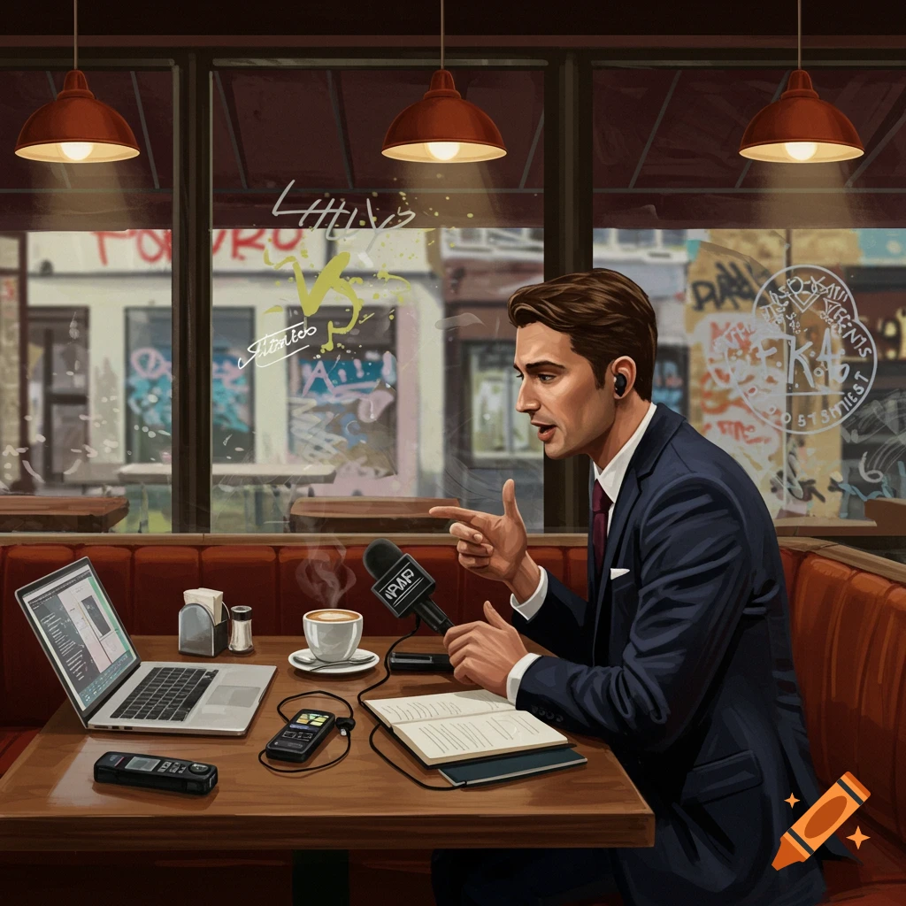 An illustrated image of a man in a suit, possibly a reporter, speaking into a microphone at a table in a cafe, with a laptop and recording equipment present. Graffiti is visible on the windows behind him.