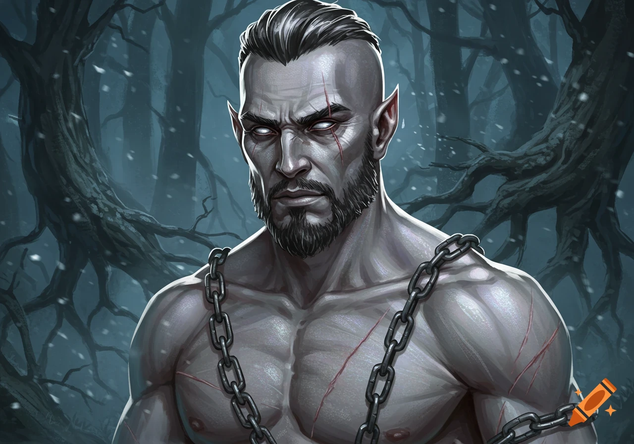 A muscular, grey-skinned fantasy male with pointed ears, a beard, and scars, bound in chains in a snowy, dark forest.