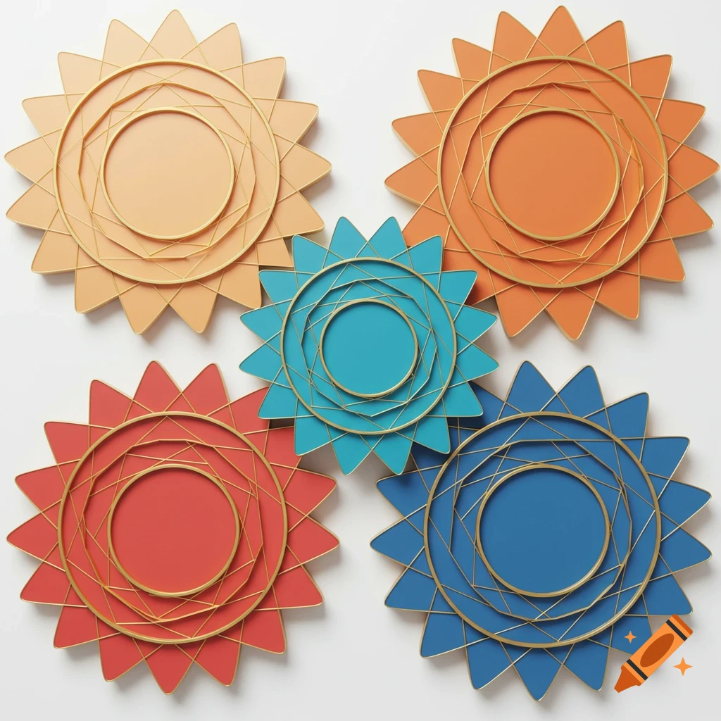 Five stylized sun-like geometric shapes in warm and cool colors, with golden wireframes, arranged on a white background.
