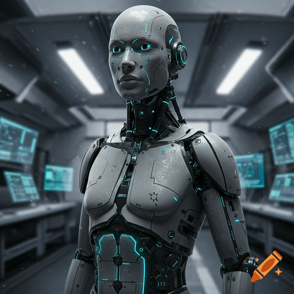 A humanoid robot with a metallic body and glowing blue eyes stands in a futuristic control room.