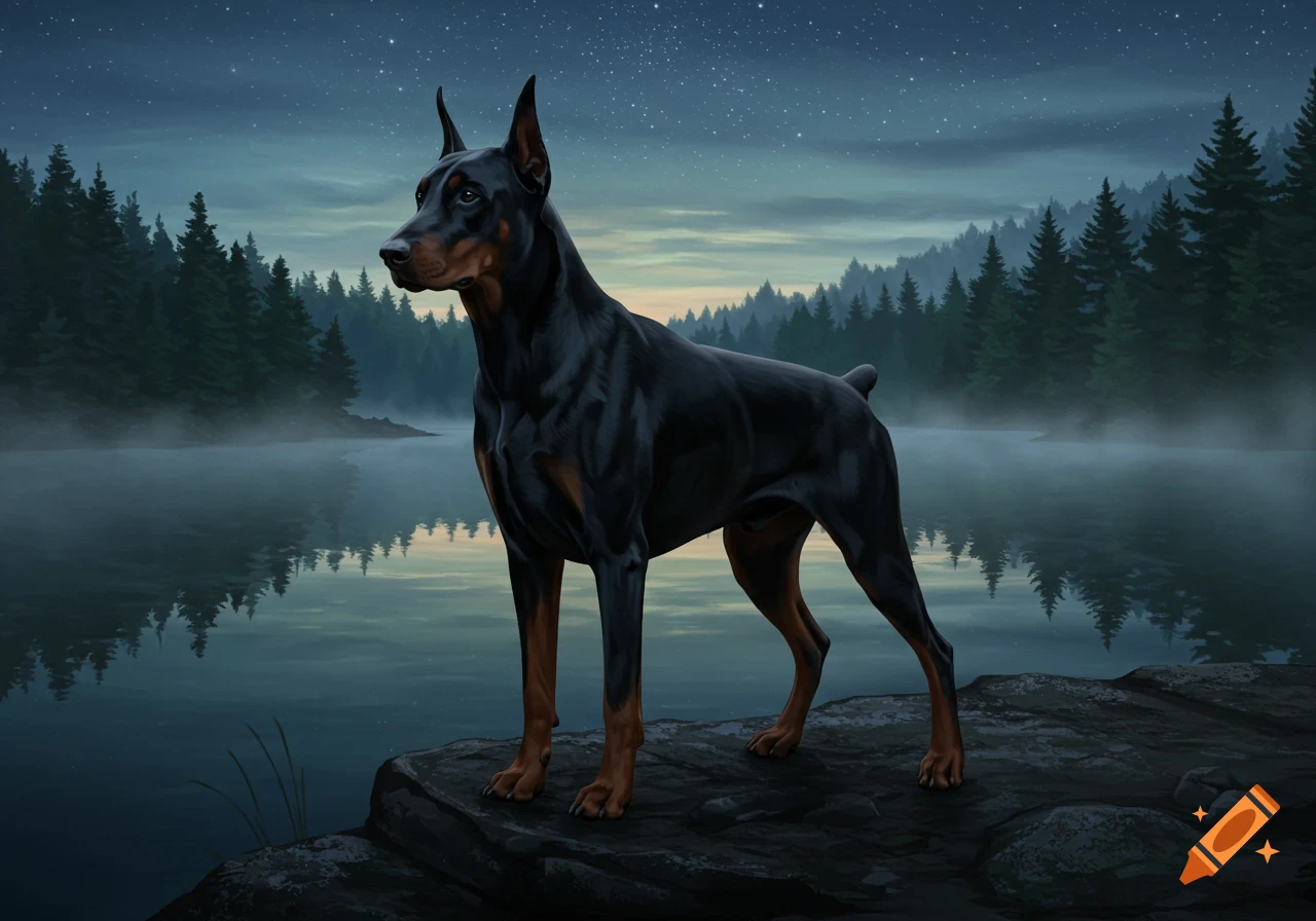 A black and tan Doberman dog stands majestically on a rock by a misty lake under a starry night sky, with a dense forest in the background. Digital painting.