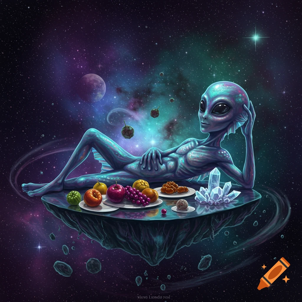 A light blue alien lounges on a floating island with plates of fruit and crystals, set against a vibrant galaxy background.