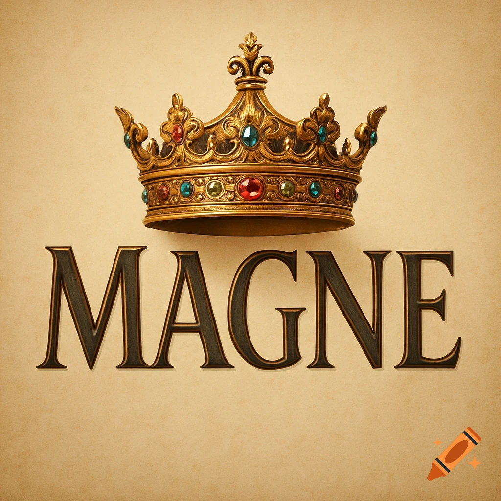 Ornate golden crown with colorful jewels hovering above the embossed word 'MAGNE' on a textured beige background.