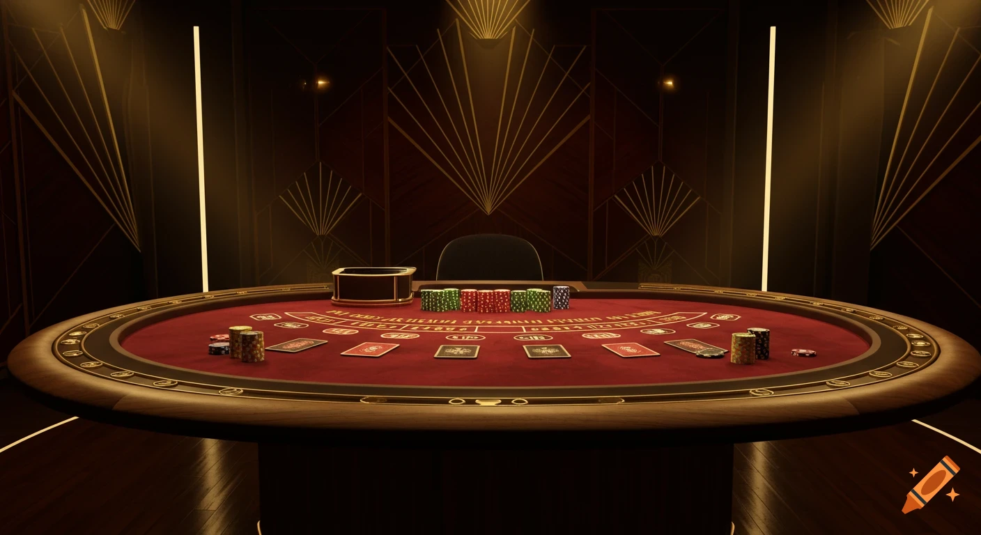 A photorealistic view of a red felt casino table with chips and cards, in a dark, luxurious room with golden art deco patterns.
