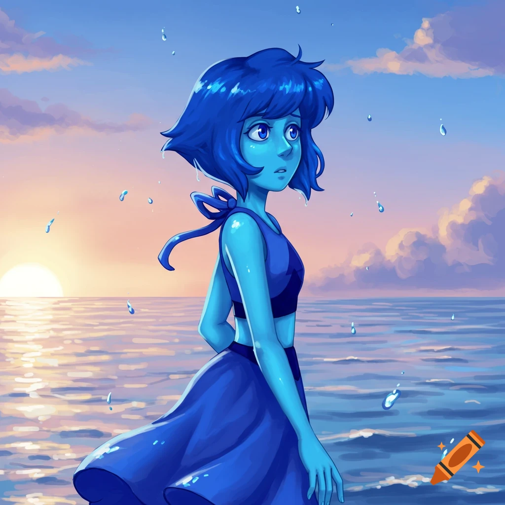 Lapis Lazuli, an anime character with blue skin and dark blue hair, stands in the ocean at sunset with water drops around her.
