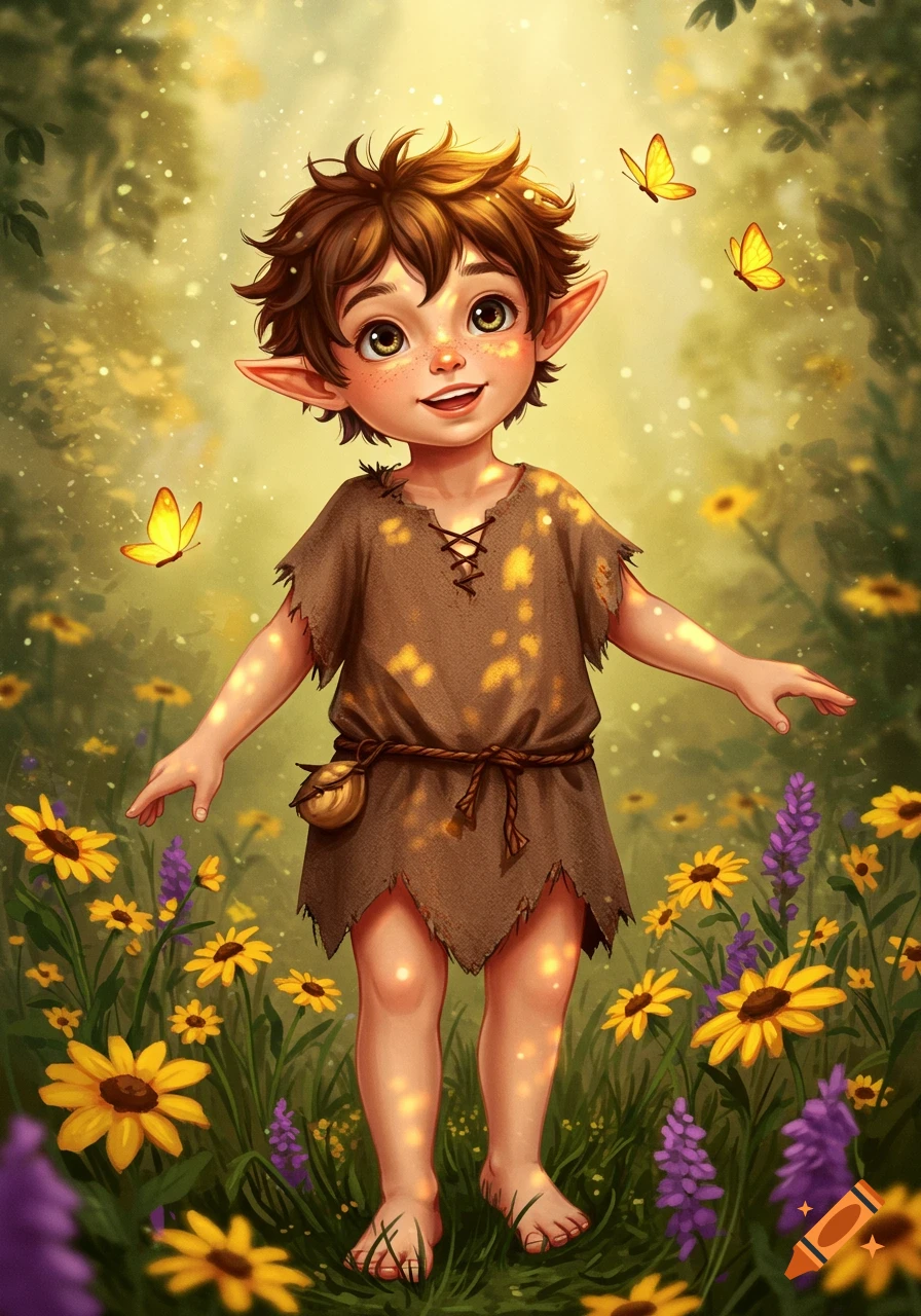 Smiling, freckled elf boy with pointy ears stands among yellow and purple wildflowers in a sunlit forest, with butterflies.