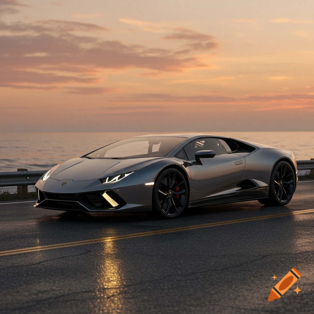 A sleek grey Lamborghini sports car drives on a wet coastal road during a vibrant sunset.
