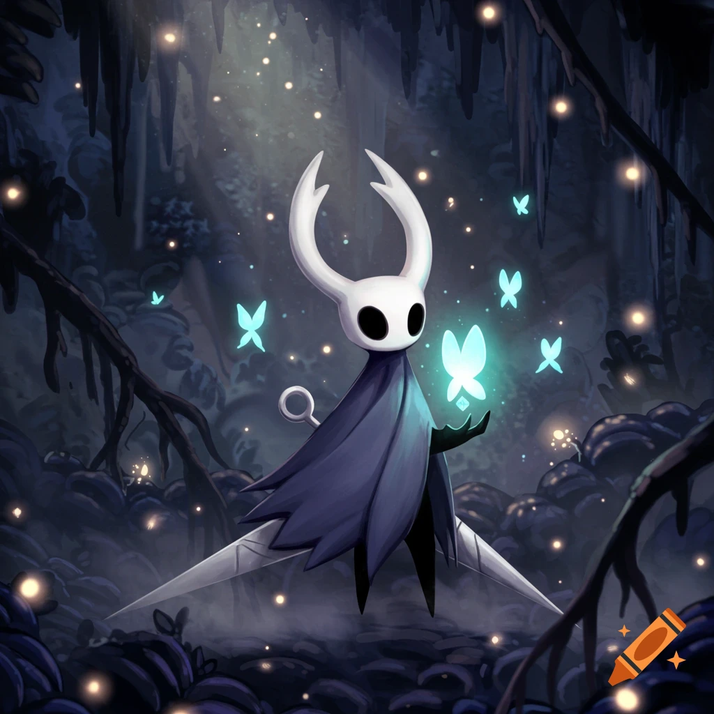 The Knight from Hollow Knight stands in a dark, glowing cave, holding a bright blue butterfly amidst other glowing insects.