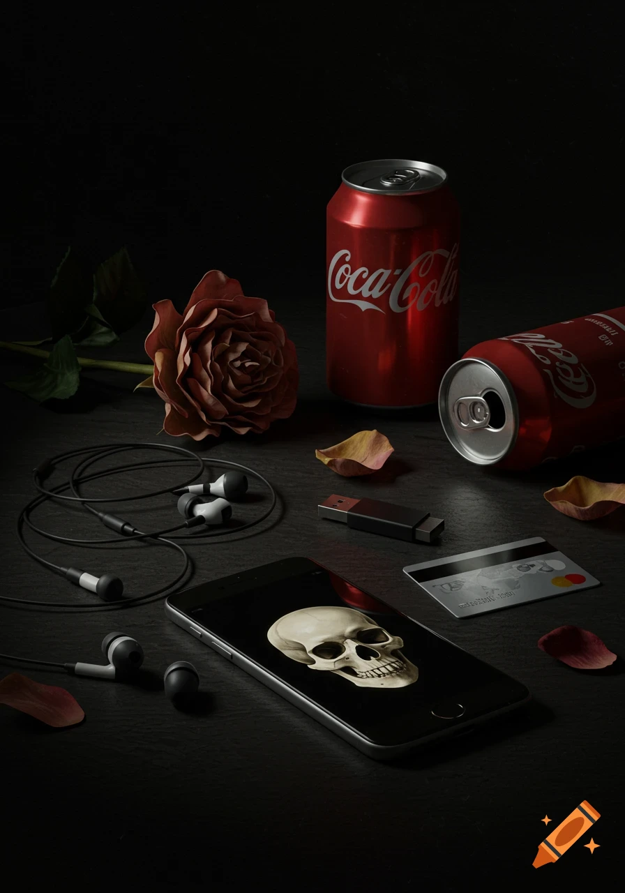A dark, moody still life with a red rose, two Coca-Cola cans, wired headphones, a USB drive, a smartphone displaying a skull, and a credit card on a dark surface.