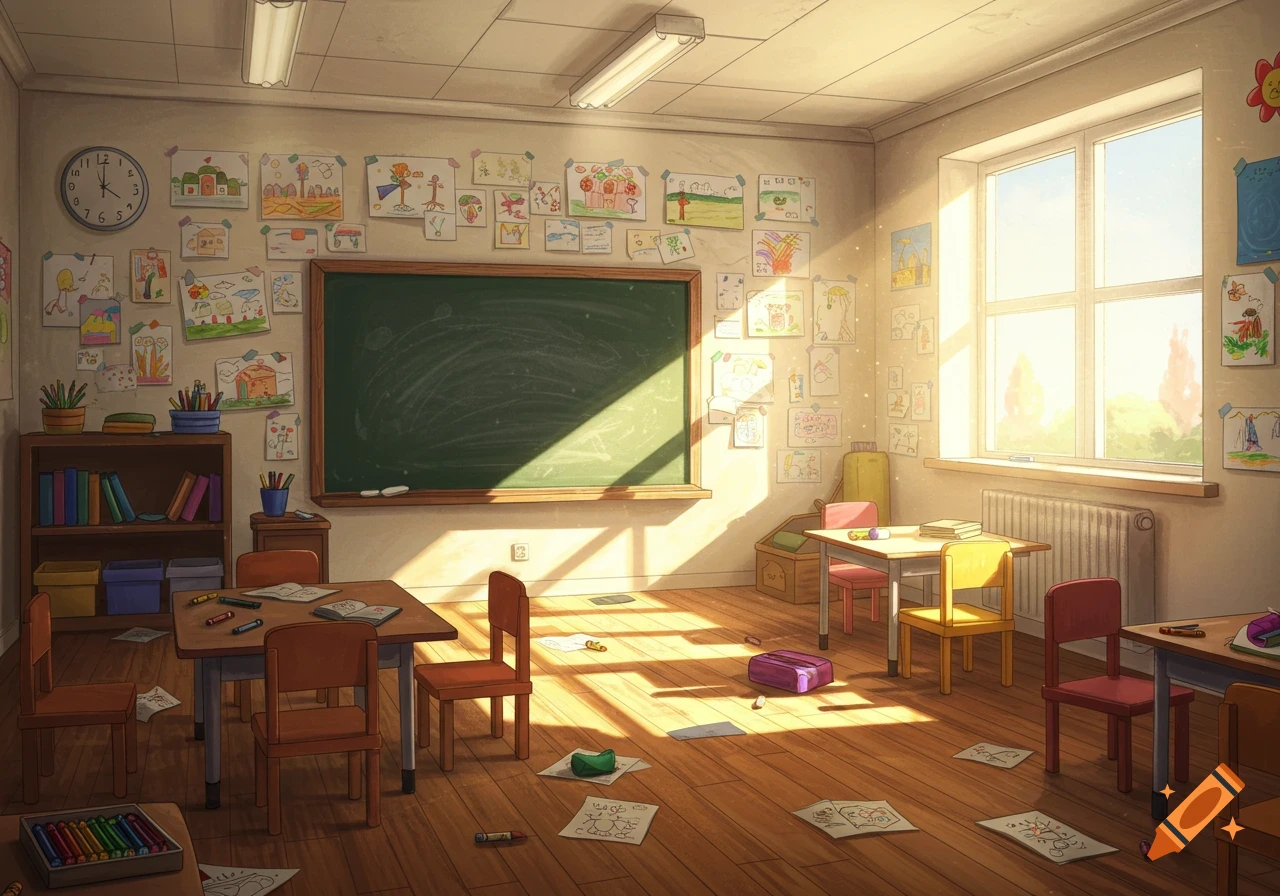 A sunlit empty classroom with small wooden desks, chairs, a blackboard, and colorful children's drawings on the walls, in an animated style.