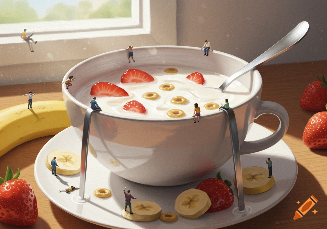 Miniature people interacting with a giant bowl of cereal with milk, strawberries, and cereal O's on a sunlit table.