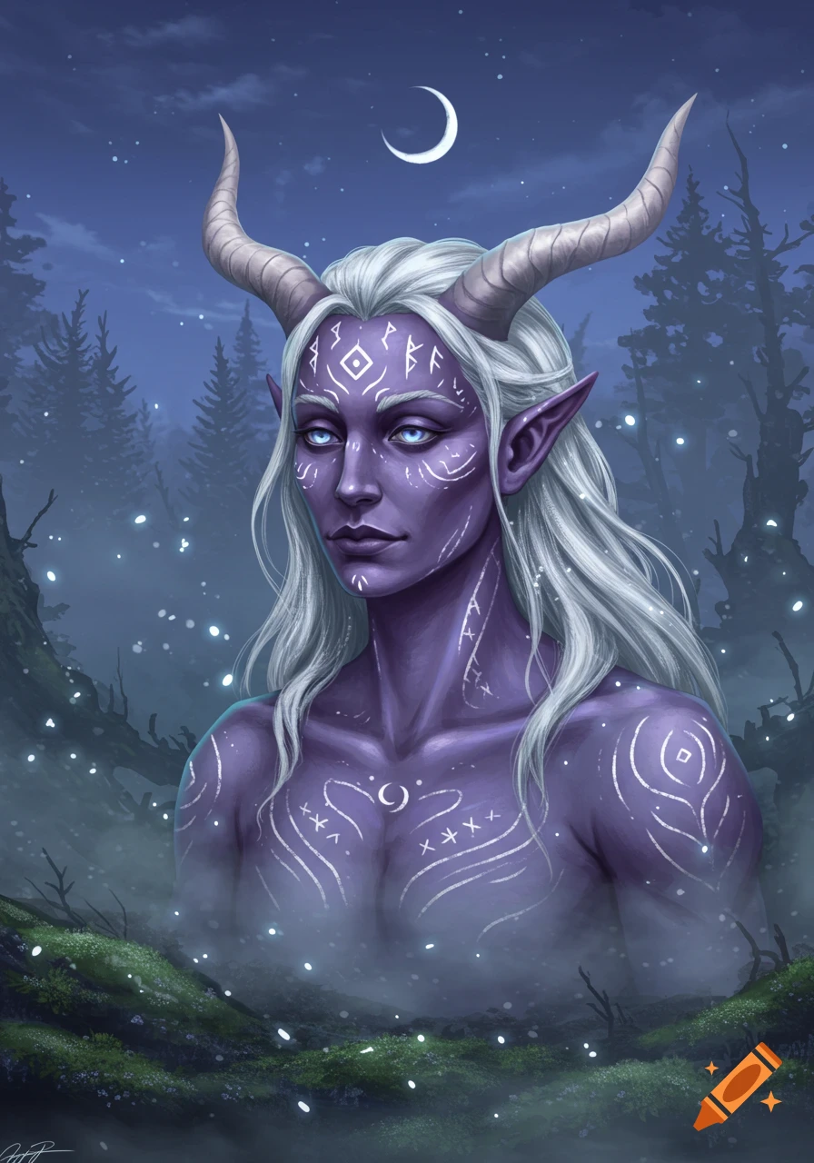 A purple-skinned, white-haired, horned fantasy creature with glowing runes in a dark, misty forest under a crescent moon, illustrative style.