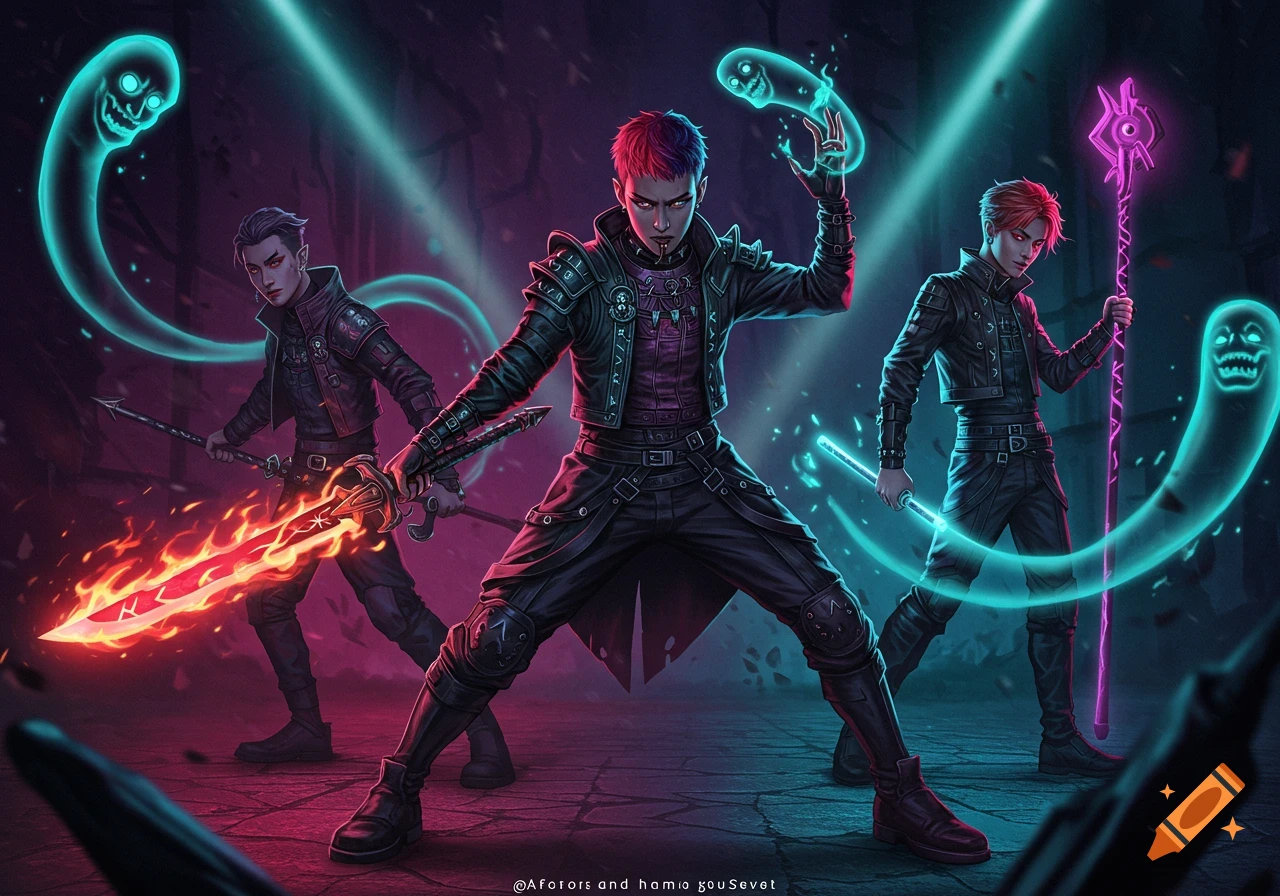Three stylized demon hunters with glowing weapons and spectral figures in a dark, neon-lit fantasy setting.