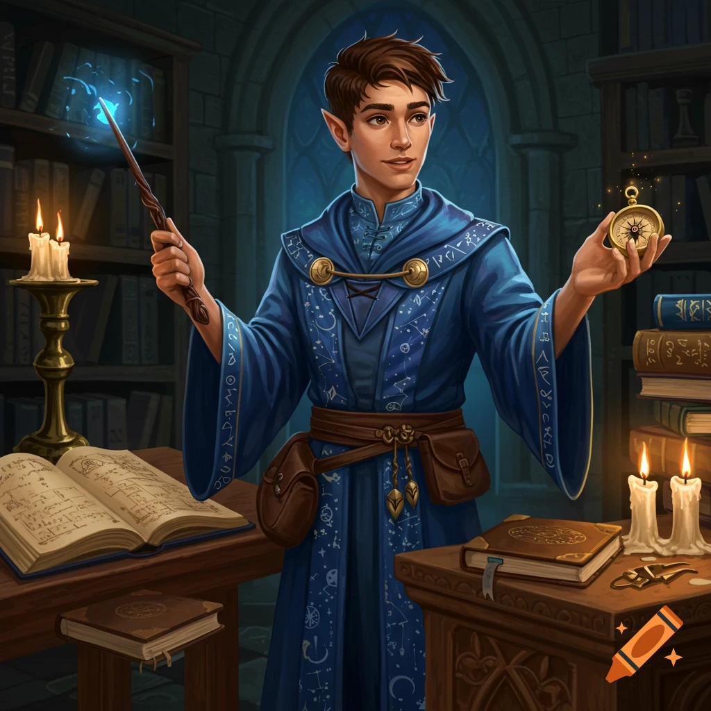 A young elf wizard in a blue robe holds a glowing wand and a golden compass in a magical library setting.