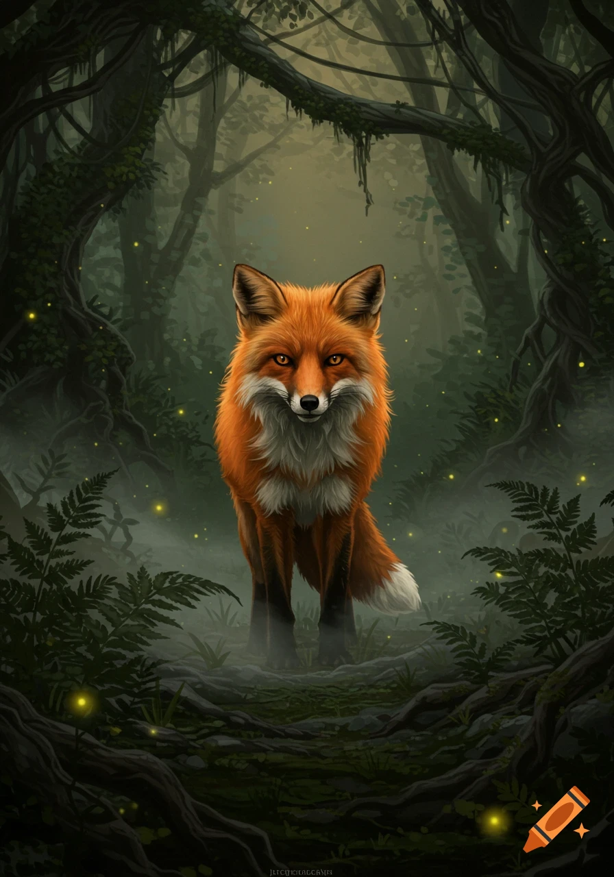 A red fox with a white chest stands in a dark, misty forest with glowing fireflies. Digital art.