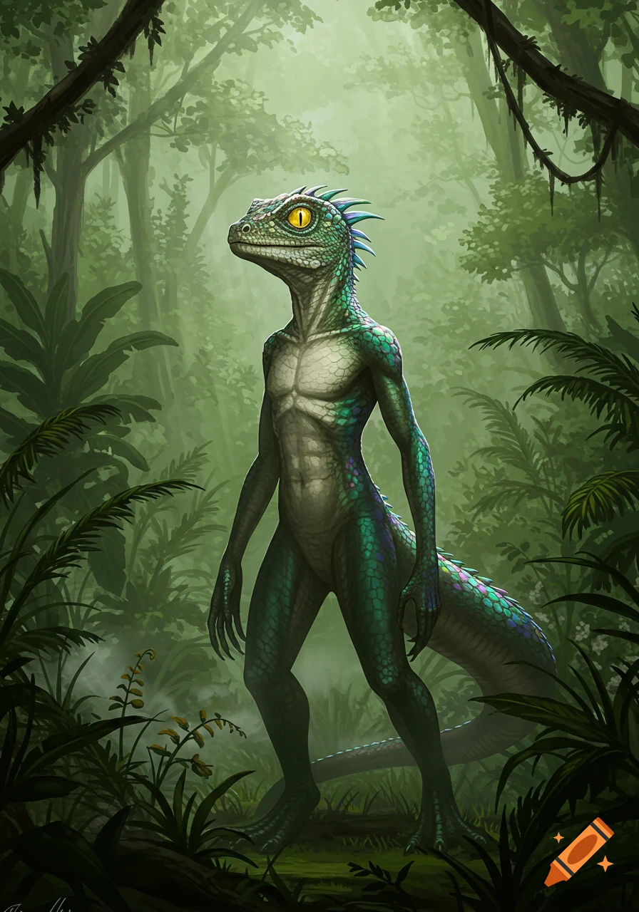 A muscular, green humanoid lizard with bright yellow eyes stands in a lush, misty jungle, looking upward.