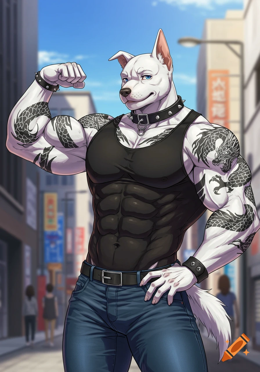 A muscular white pitbull furry with black dragon tattoos, wearing a black tank top and jeans, flexes a bicep on a city street, anime style.