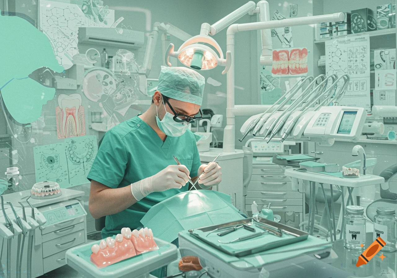 A dentist in scrubs, mask, and loupes works on a patient in a mint-green dental office filled with instruments and overlayed anatomical diagrams, in a collage style.