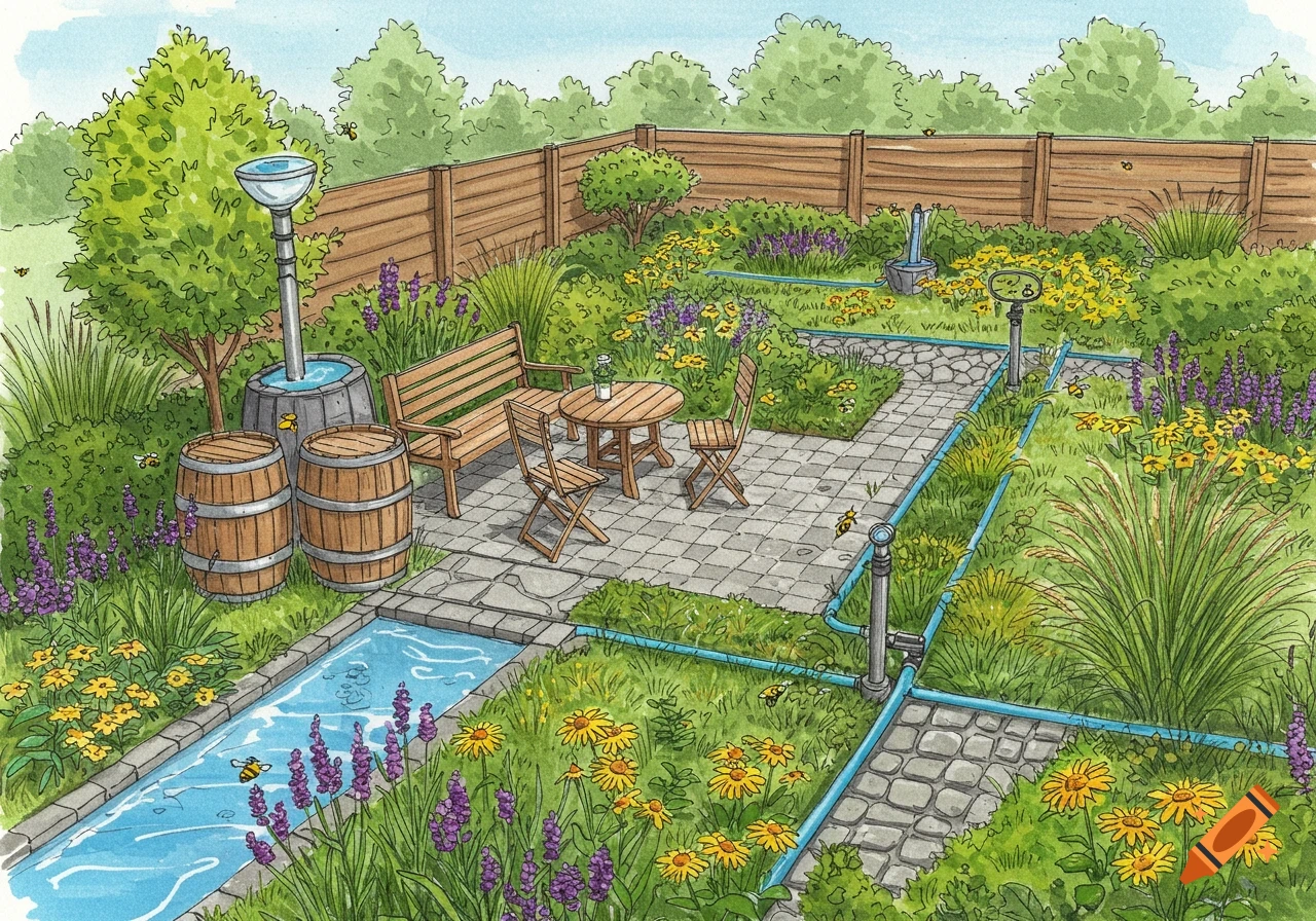 Watercolor illustration of a sustainable garden with a patio, wooden furniture, rainwater harvesting, flowering plants, a water channel, and a wooden fence.