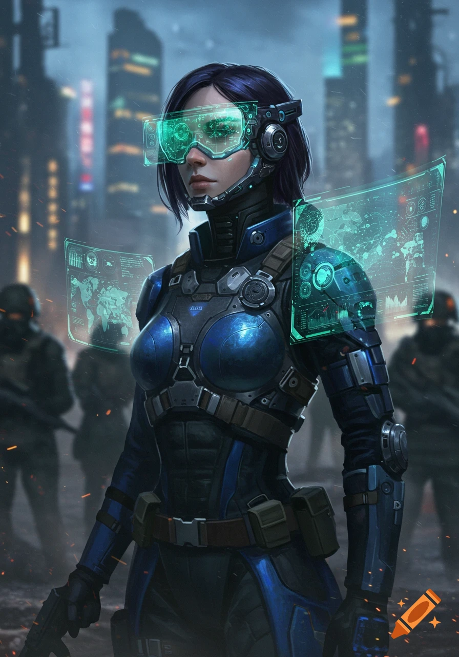 A futuristic female general in blue and black armor with glowing green HUD displays, standing in a city.