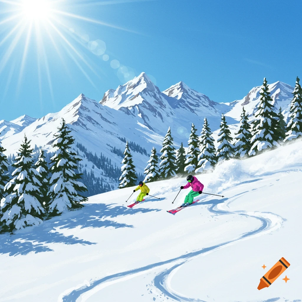 Two skiers in bright gear descend a sunny, snow-covered mountain with pine trees and peaks.