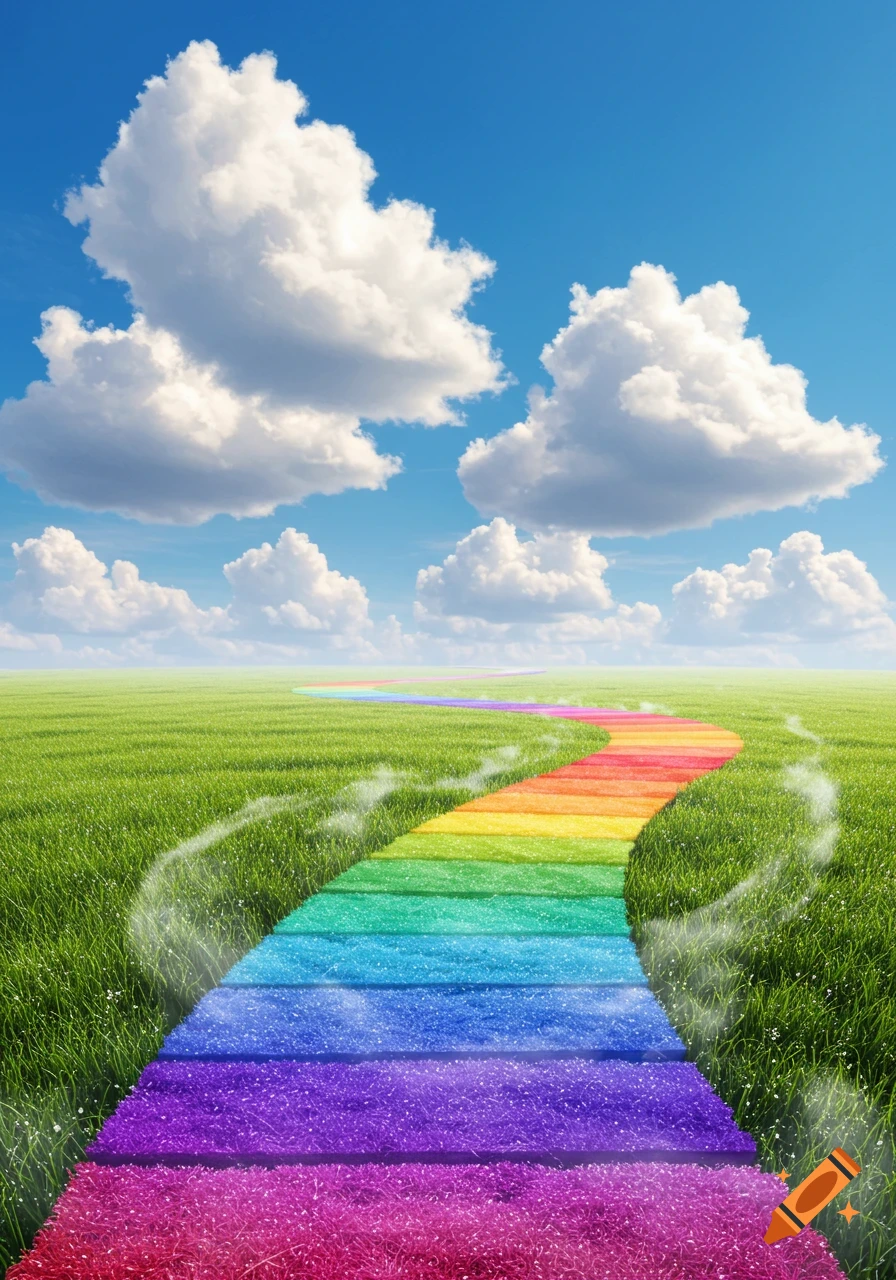 A vibrant rainbow-colored path winds through a lush green field under a bright blue sky with fluffy white clouds.