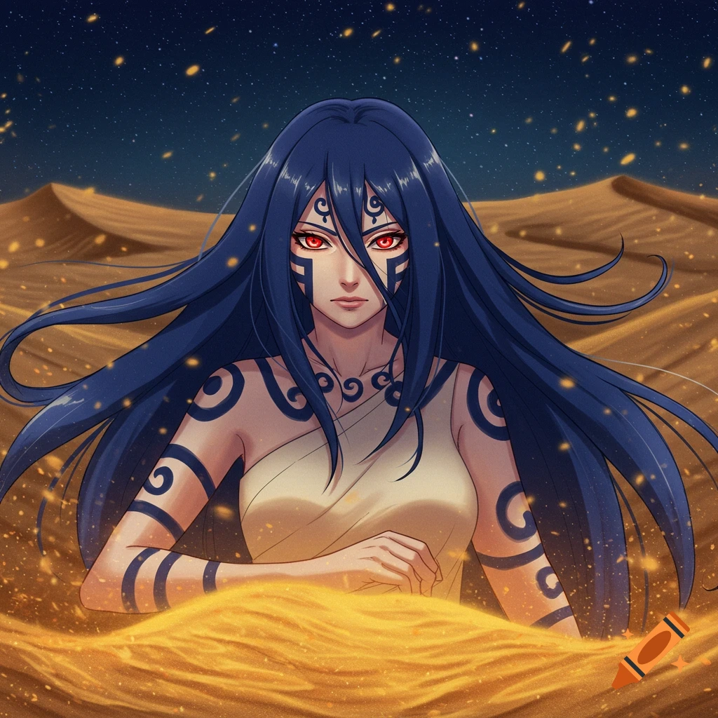 Anime-style character with long blue hair, red eyes, and tribal markings emerges from desert sand under a starry night.