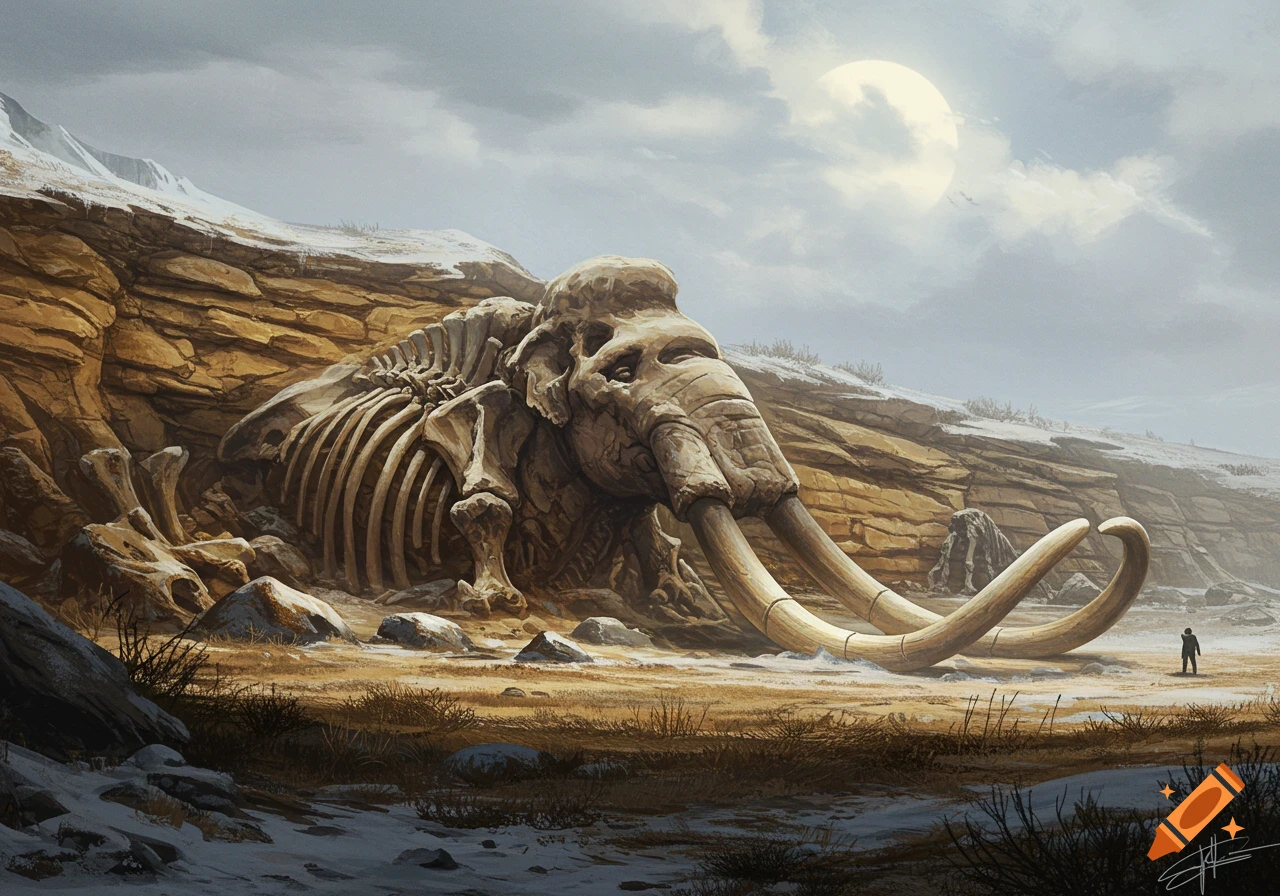 A massive woolly mammoth skeleton rests in a snowy, rocky landscape with a distant figure, under a pale moon.