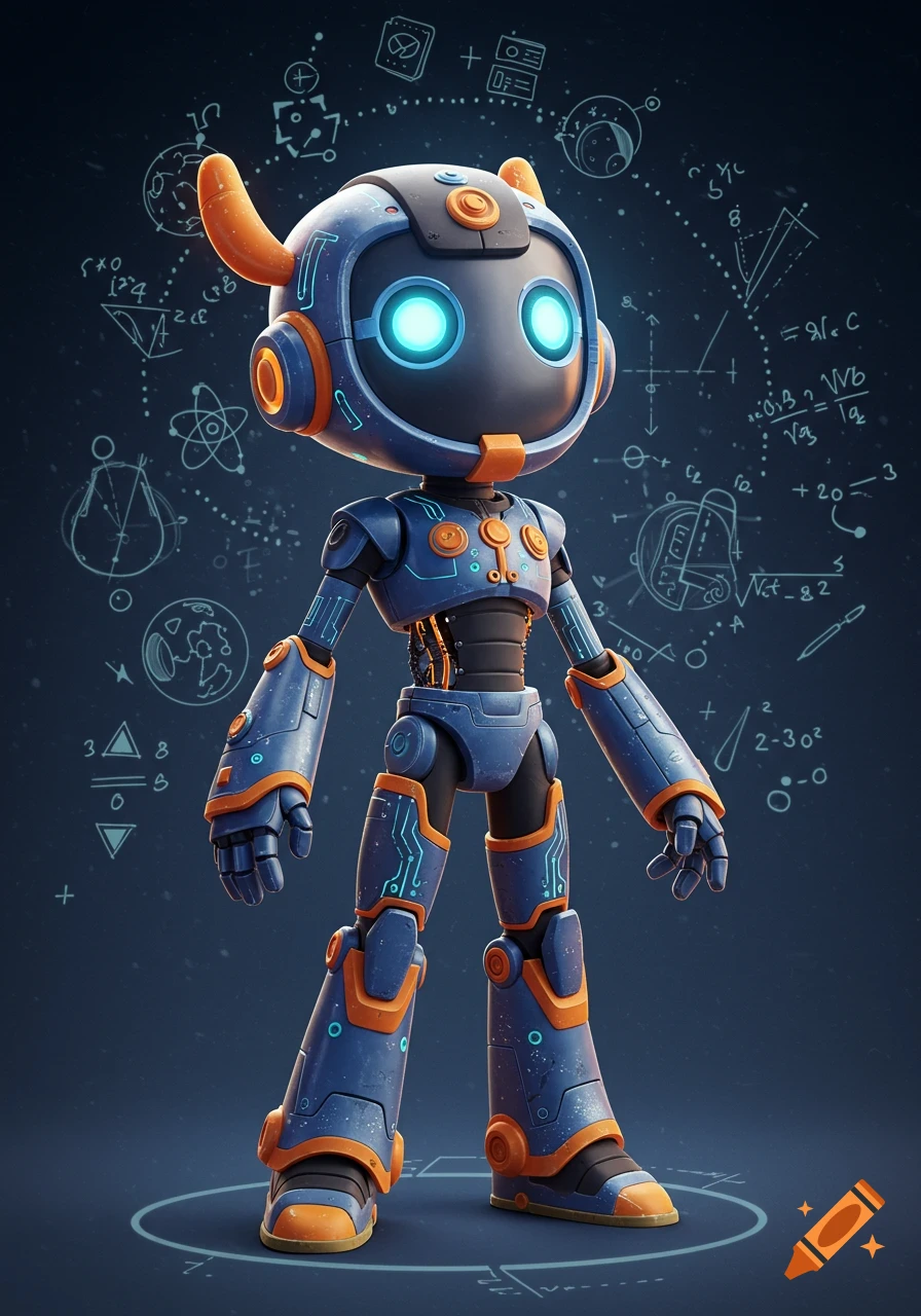 A cute blue and orange robot with glowing eyes stands against a dark background filled with scientific diagrams and equations.