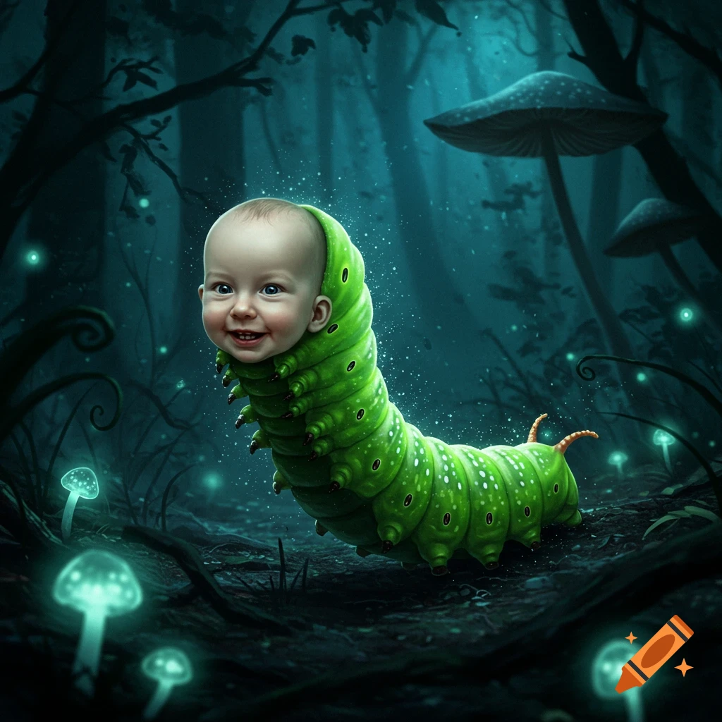 A smiling baby's head on a green caterpillar body in a dark, enchanted forest with glowing mushrooms and sparkling particles.