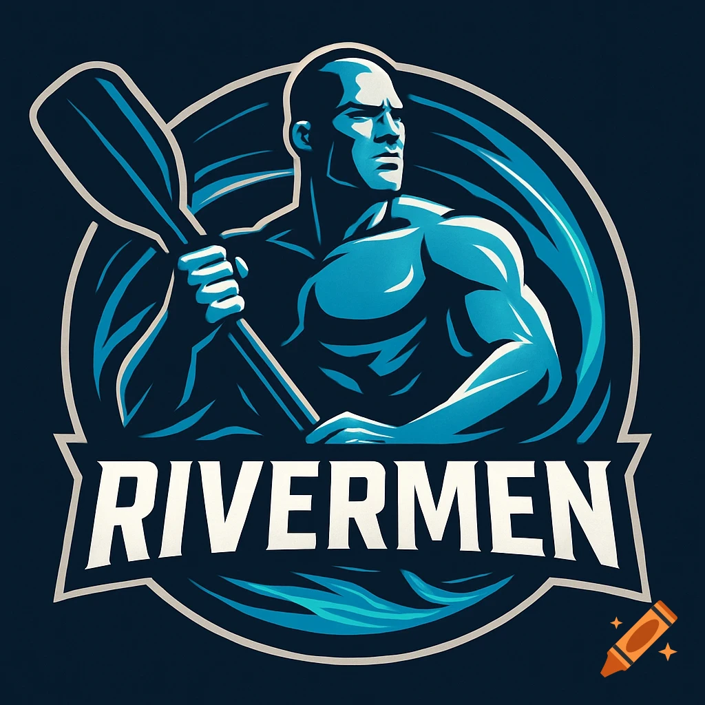 A blue and white sports logo featuring a muscular, bald man holding a paddle with the word 'RIVERMEN' below.