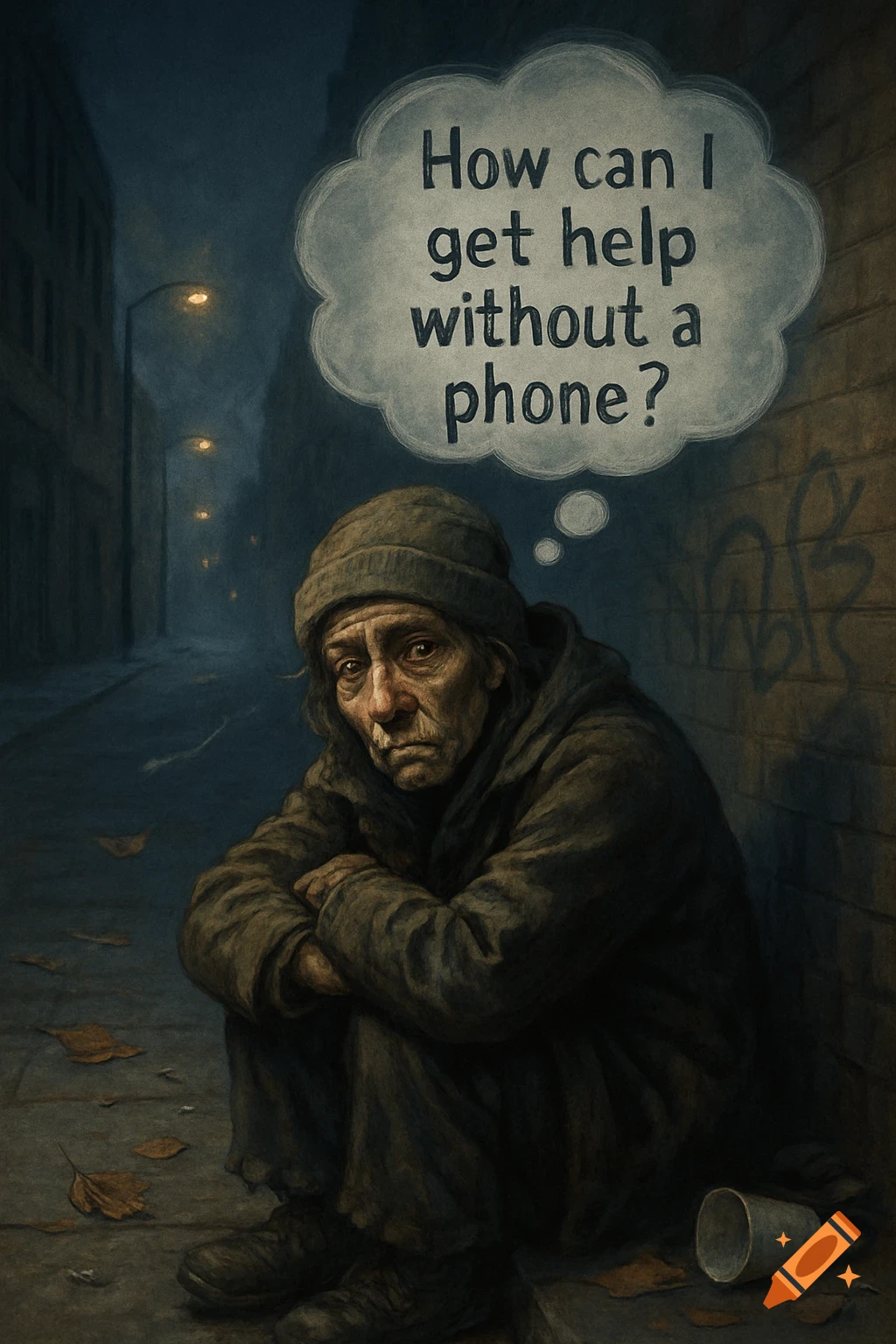 Gritty illustration of a worried homeless person sitting on a dark street, a thought bubble above their head asks 'How can I get help without a phone?'