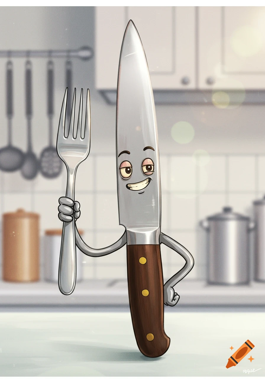 A cartoon smiling knife with arms and legs holding a fork, standing in a kitchen.