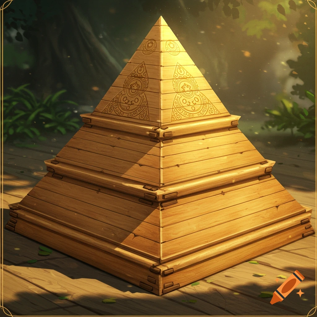 A three-tiered wooden pyramid featuring intricate symbolic carvings on its upper levels, set in a sun-dappled forest.