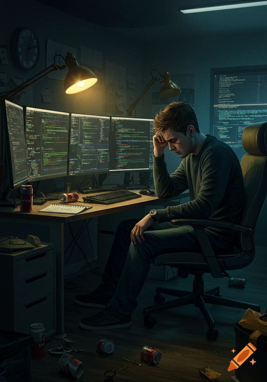 A stressed young man, a hacker, sits at a desk with multiple monitors displaying code, surrounded by empty soda cans in a dimly lit room.