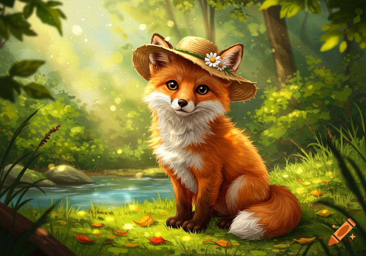 A cute, cartoonish orange and white fox wearing a straw hat with a daisy sits in a lush green forest by a stream.