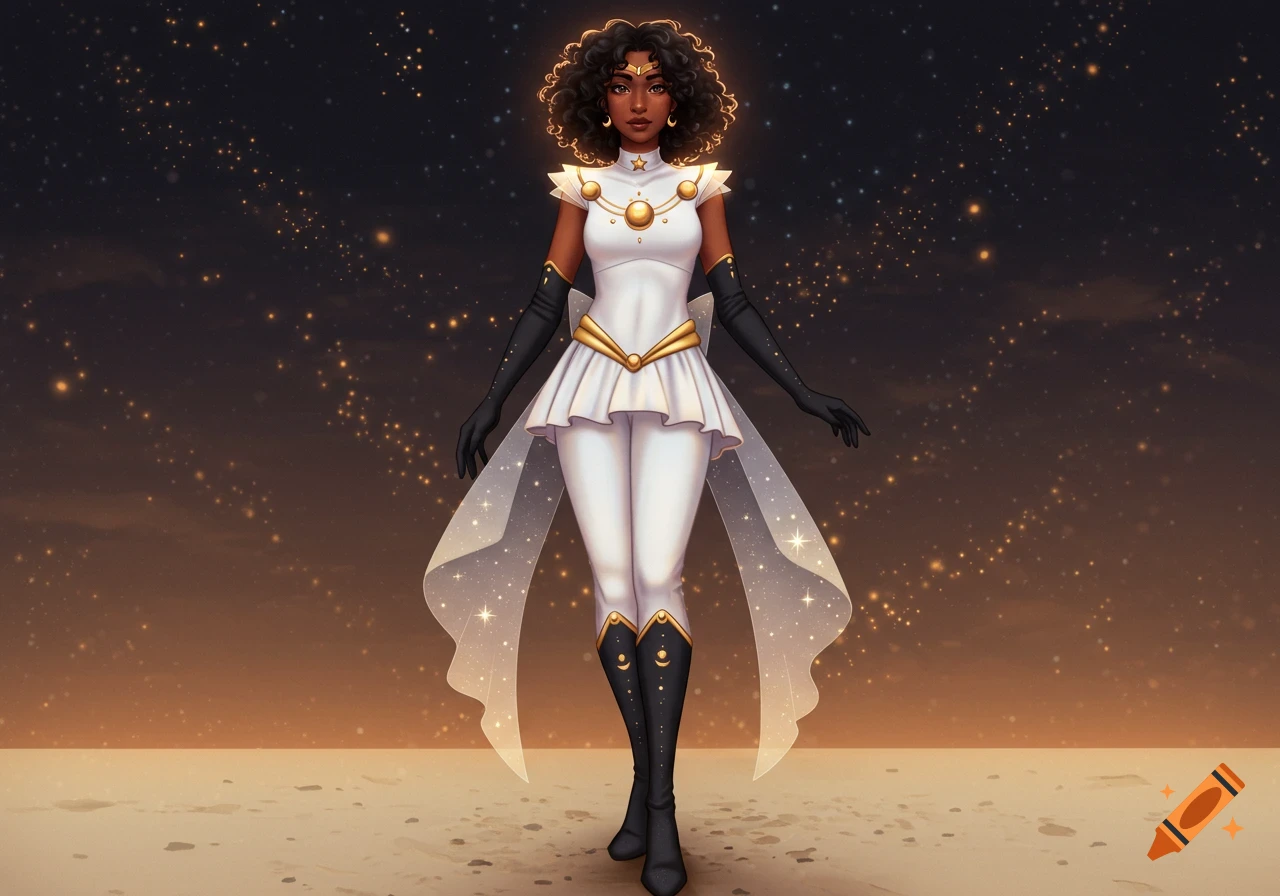 A Black woman in a white, gold, and black Sailor-style outfit stands under a star-filled cosmic sky, digital illustration.