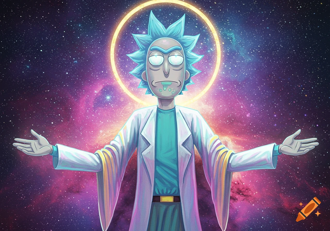 Cartoon Rick Sanchez with a halo and outstretched arms against a vibrant galaxy background.