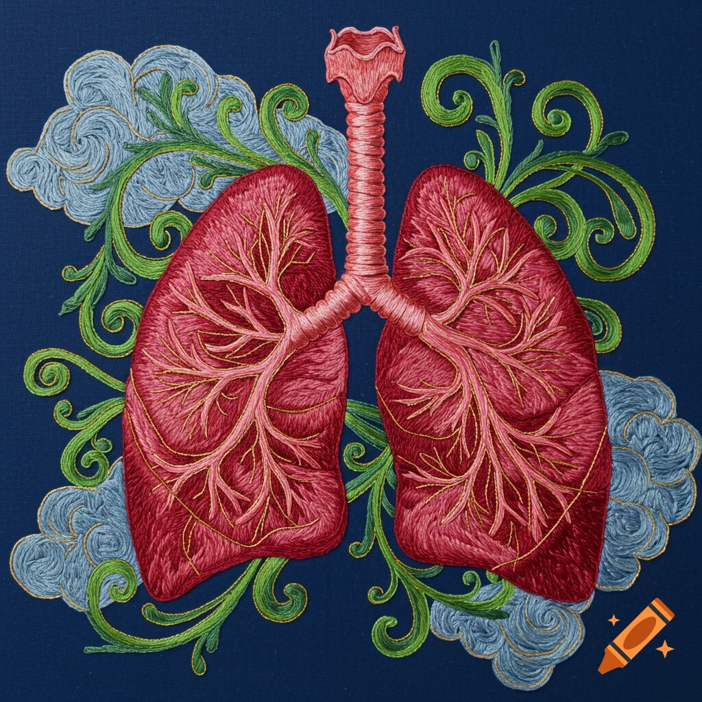 Embroidered human lungs with a trachea, surrounded by green vines and blue swirling clouds on a dark blue background.